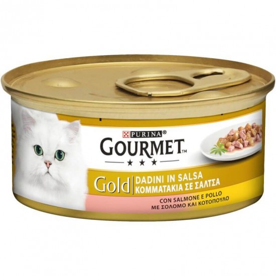 Κονσέρβα Γάτας Gold Κομματάκια σε Σάλτσα με Σολομό & Κοτόπουλο 85gr GOURMET GOLD