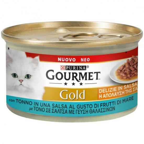 Κονσέρβα Γάτας Gold Κομματάκια με Tόνο με Γεύση Θαλασσινών σε Σάλτσα 85gr GOURMET GOLD