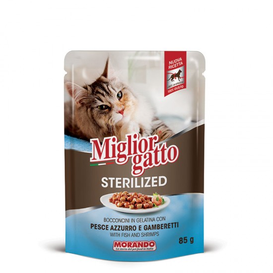 Φακελάκι Γάτας Morando Miglior Gatto Sterilised Ψαρι & Γαρίδες σε Ζελε 85gr MIGLIOR GATTO