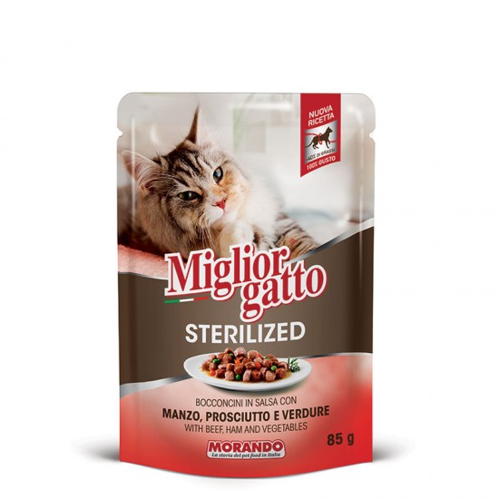 Φακελάκι Γάτας  Morando Miglior Gatto Sterilised Βοδινό Προσούτο & Λαχανικά Σε Σάλτσα 85gr MIGLIOR GATTO