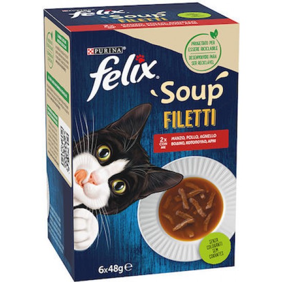 Πολυσυσκευασία Γάτας Felix Soup Filetti Βοδινό,Κοτόπουλο & Αρνί 6x48gr Πολυσυσκευασίες Γάτας