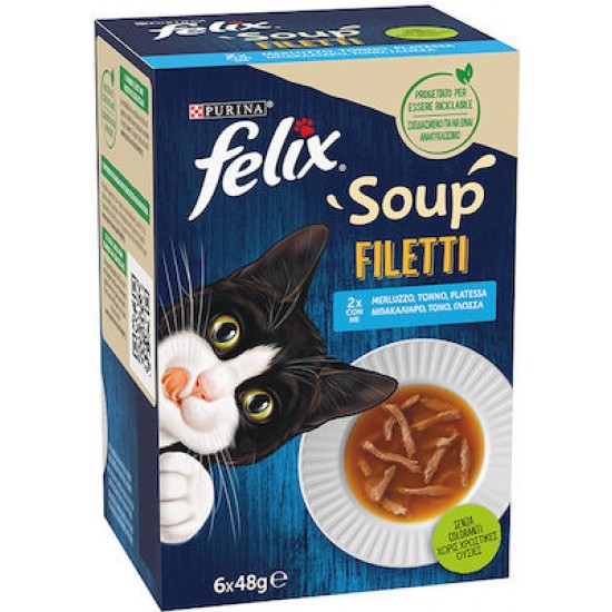 Πολυσυσκευασία Γάτας Felix Soup Filetti Μπακαλιάρο,Τόνο,Γλώσσα 6x48gr Πολυσυσκευασίες Γάτας